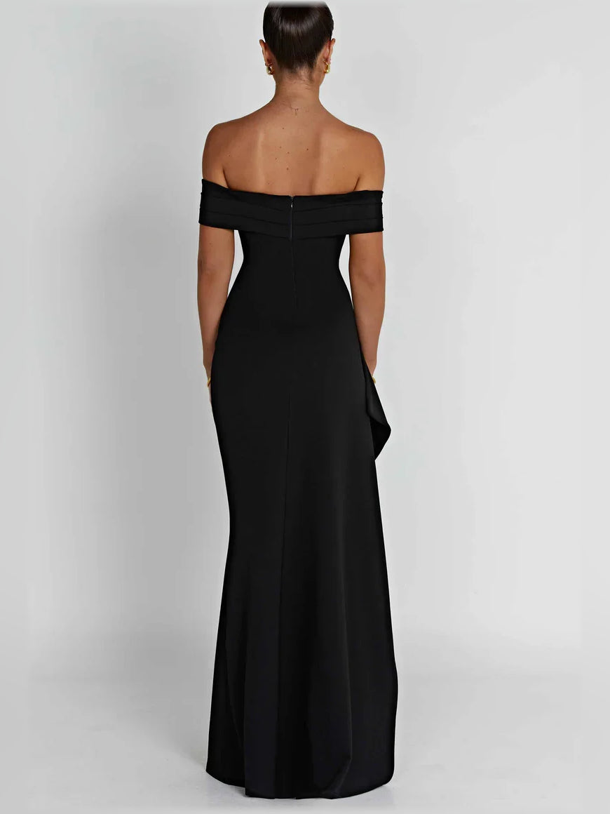 Black off-shoulder floor-length formal dress with ruched bodice and side slit.