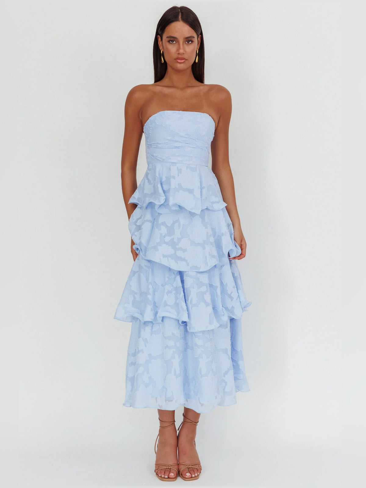 Blue strapless layered midi formal dress with layered ruffle skirt and sweetheart neckline