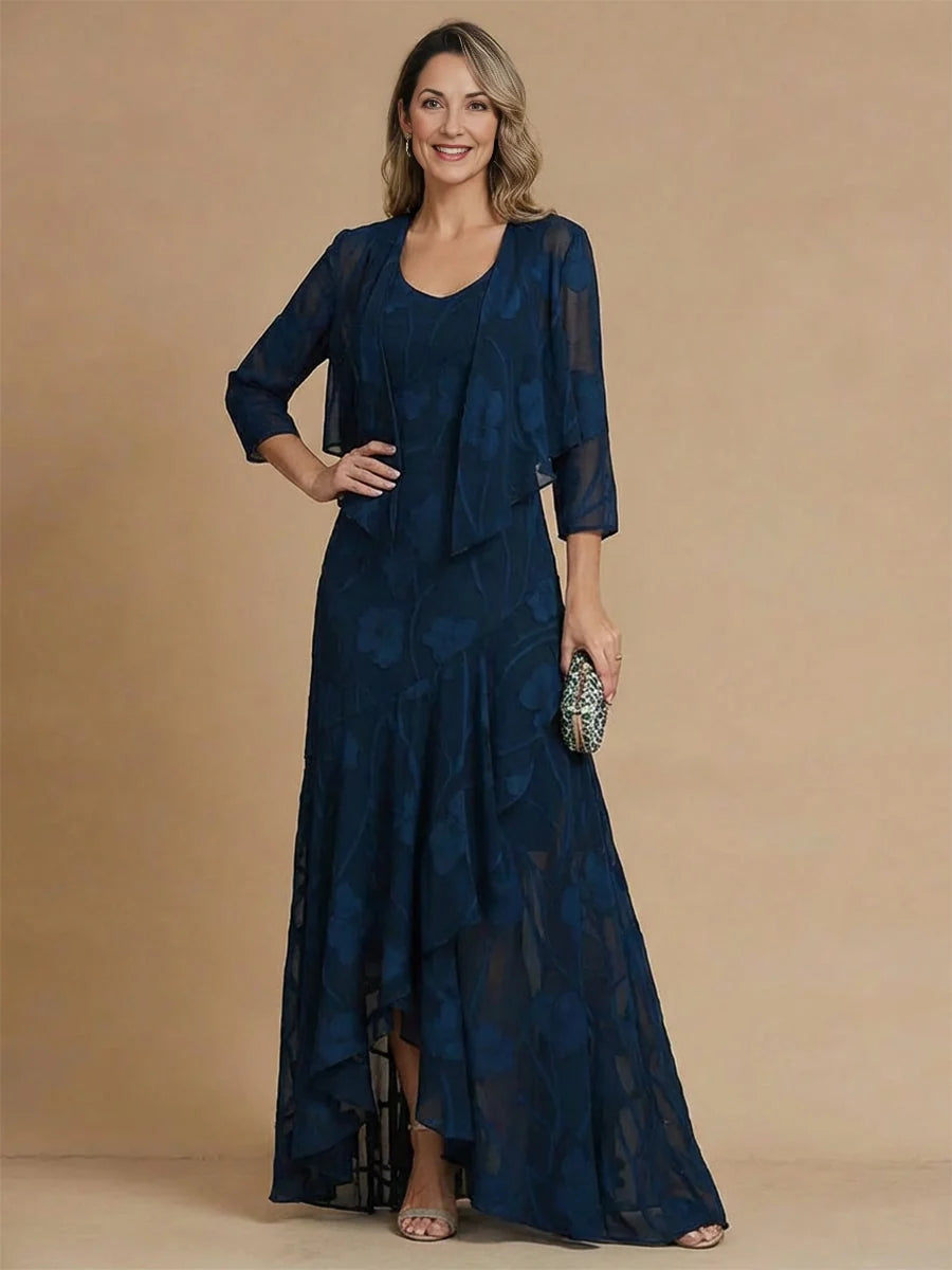 Navy floral V-neck chiffon A-line high-low mother dress, 3/4 sheer sleeves