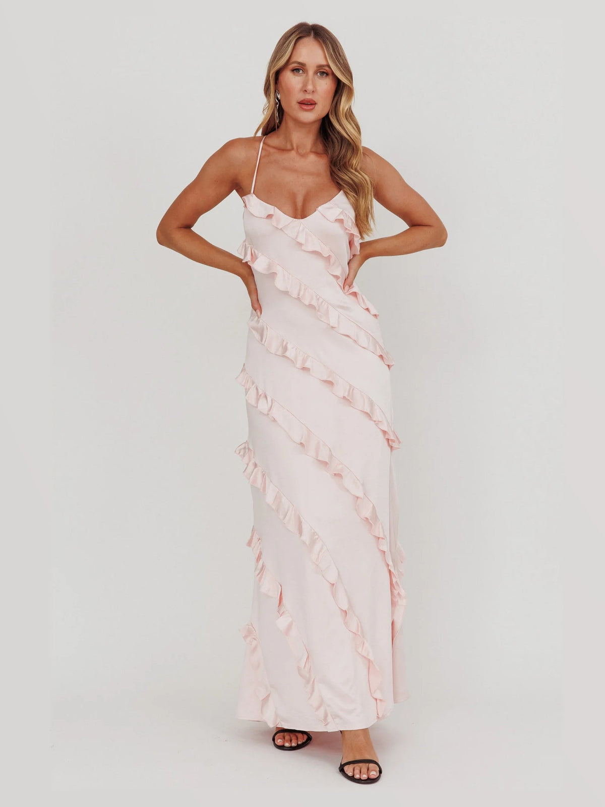 Blush maxi formal dress, alternate full-length view showing the hem