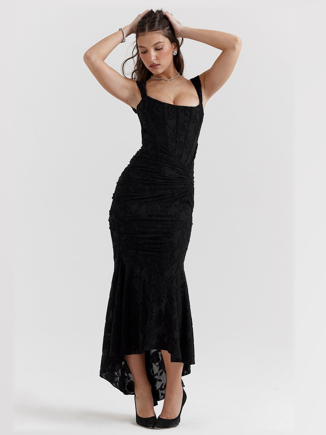 Black Floral maxi formal dress, alternate full-length view showing the hem