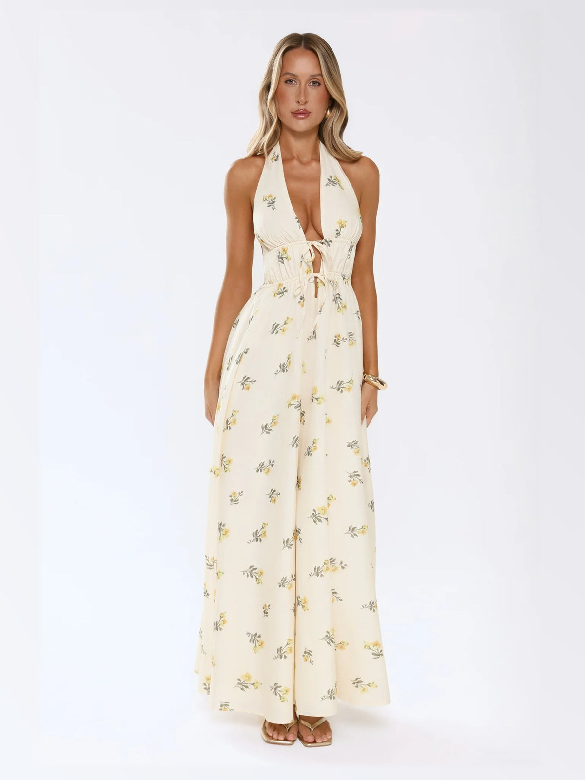 Yellow maxi formal dress, alternate full-length view showing the hem