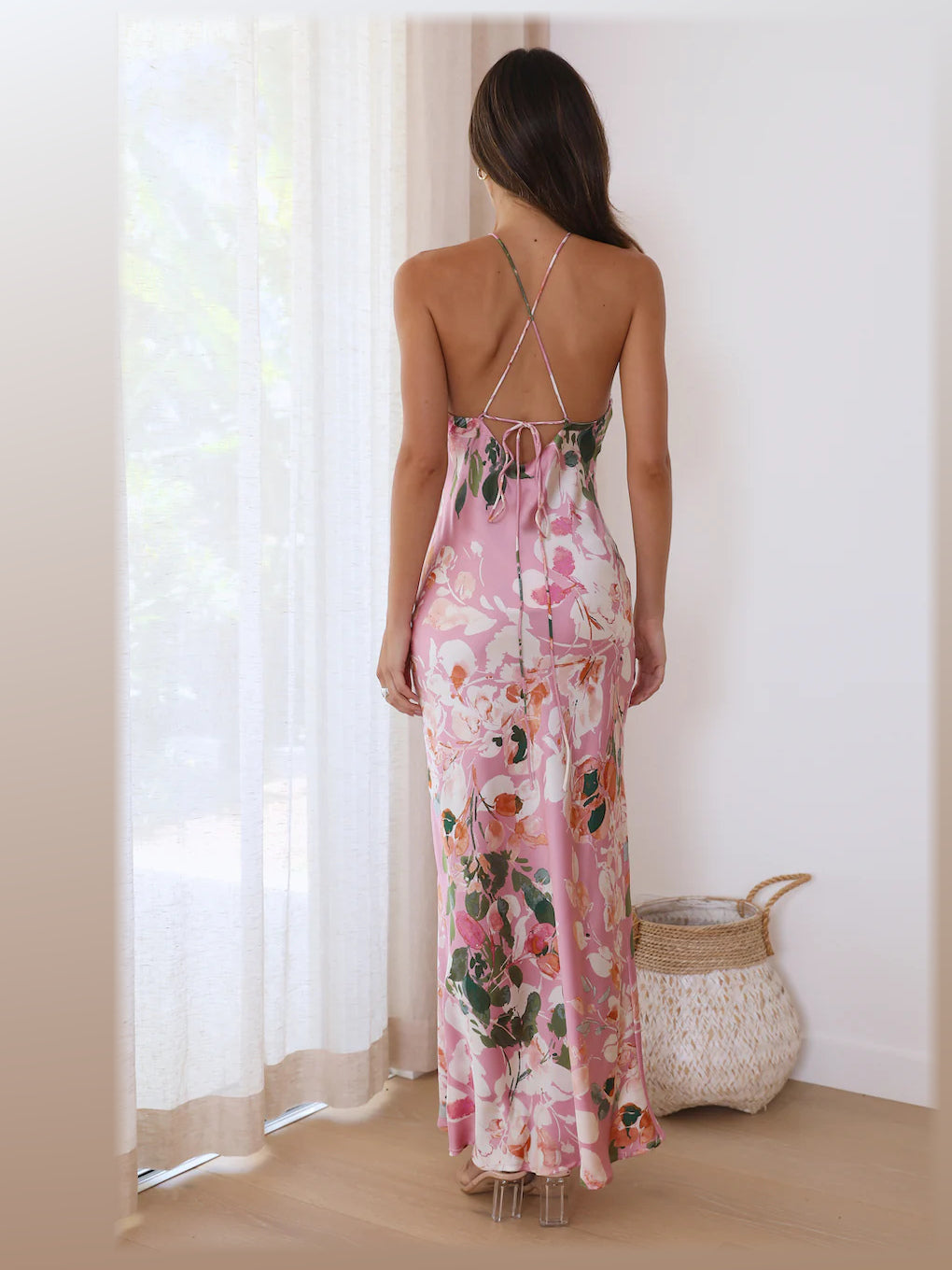 Pink maxi formal dress, alternate full-length view showing the hem