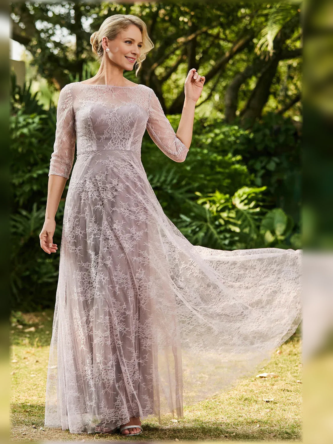 Dusty pink floral lace A-line maxi dress with flowing sheer overlay train