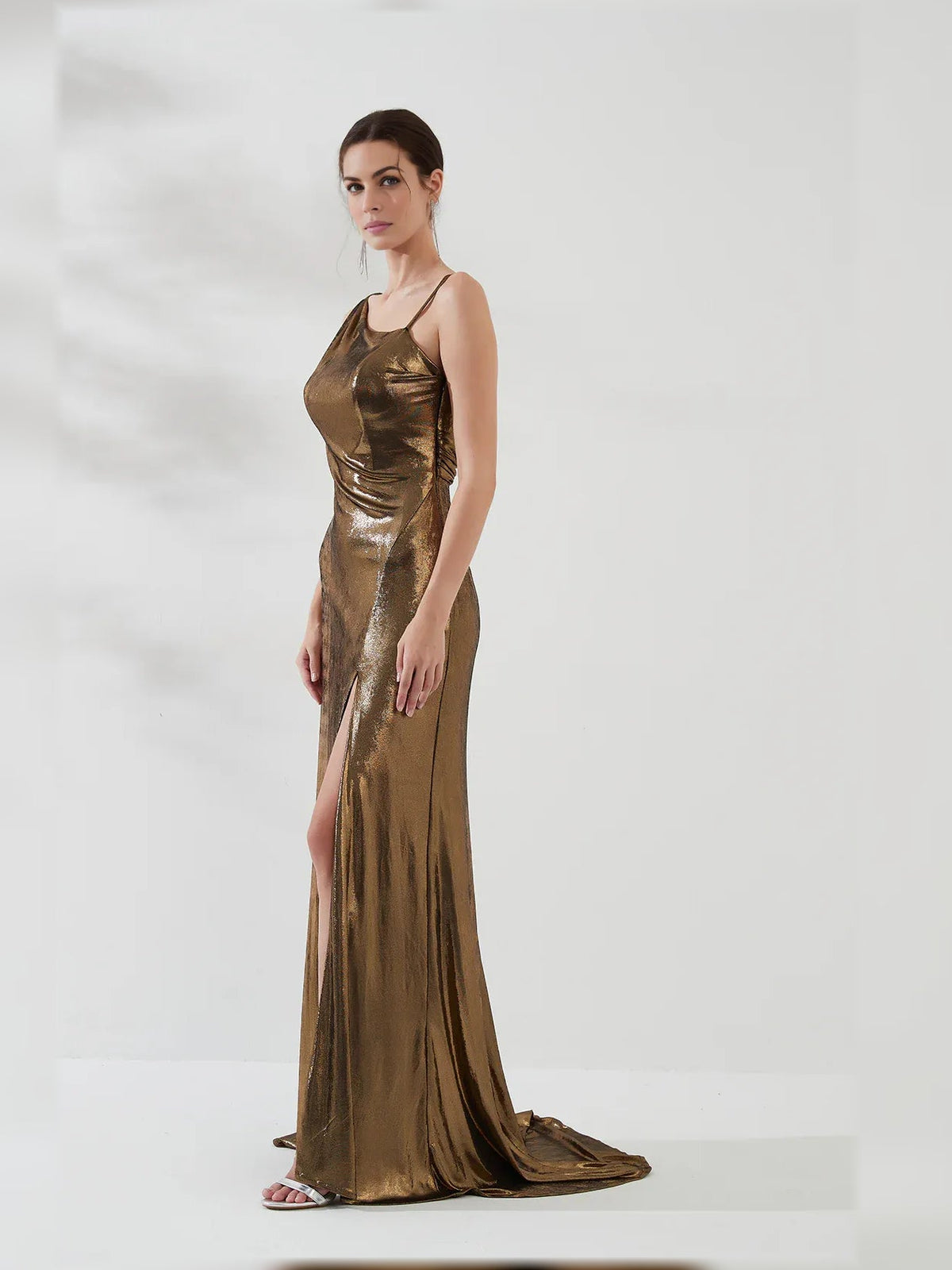Gold one-shoulder satin mermaid floor-length gown with front side slit