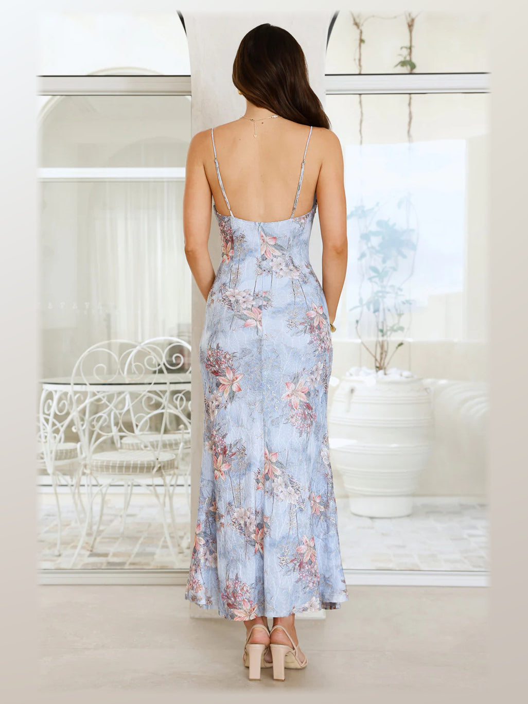 Blue midi formal dress, alternate full-length view showing the hem
