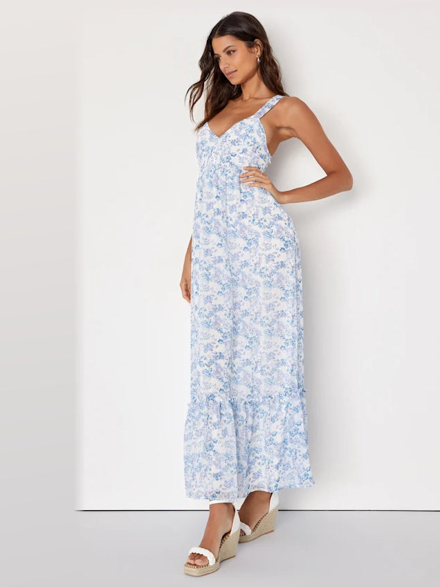 White Floral maxi formal dress, alternate full-length view showing the hem