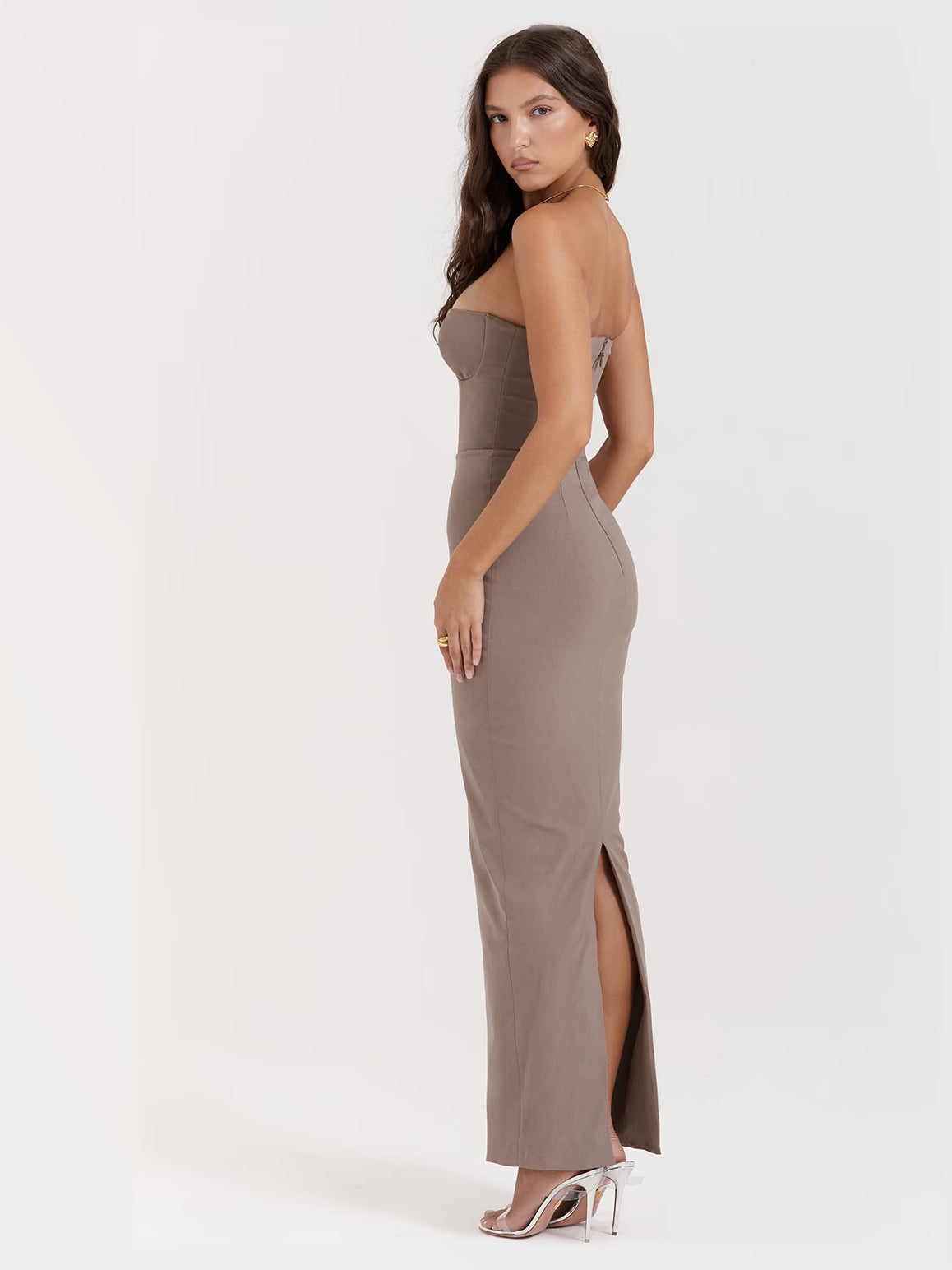 Taupe maxi formal dress, alternate full-length view showing the hem