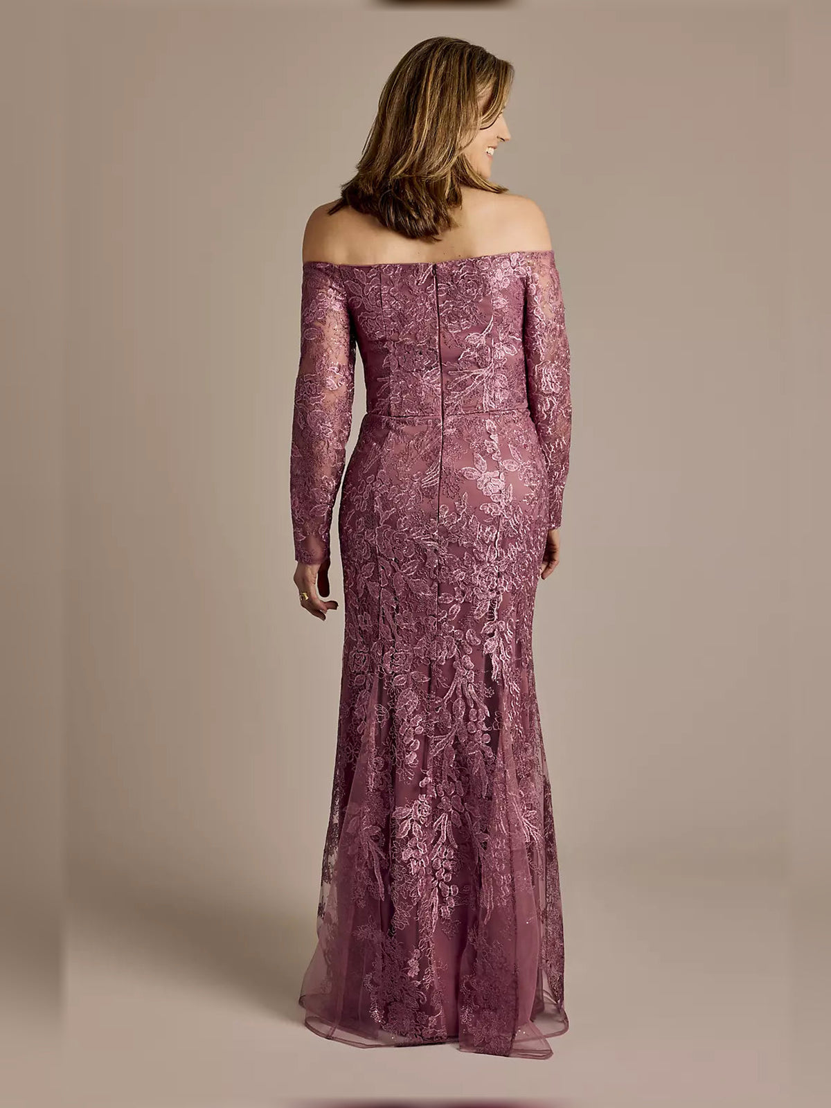 Plum off-shoulder mermaid maxi dress with floral sequin embroidery, long sleeves, back