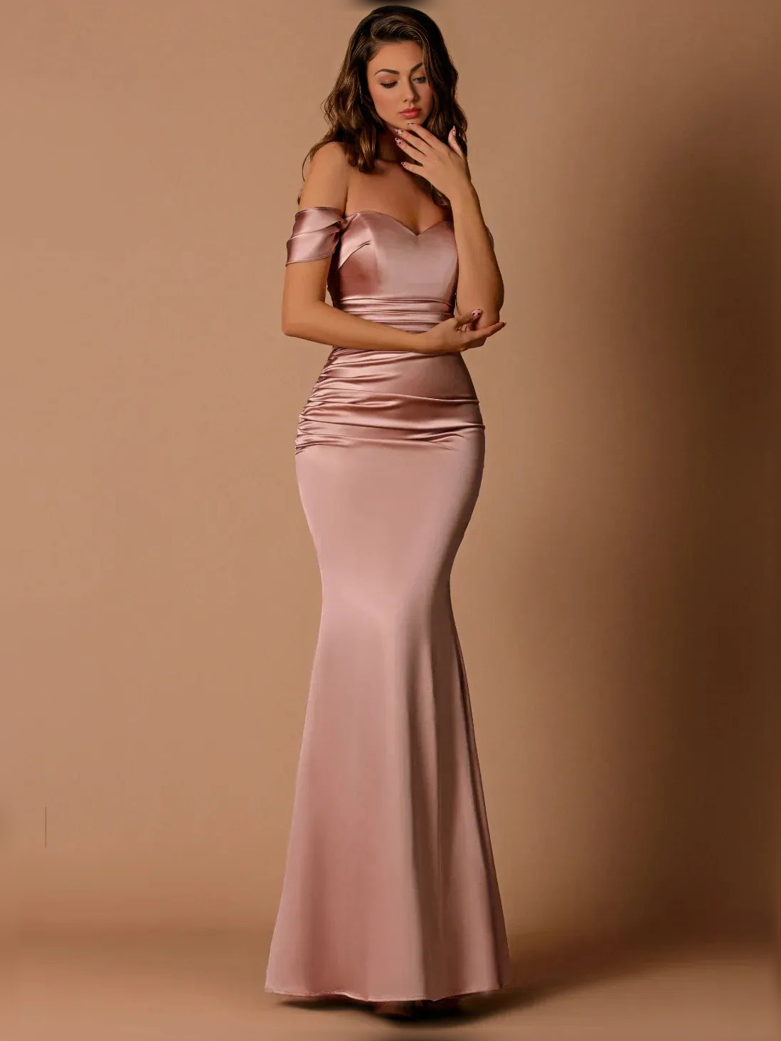 Rose gold off-the-shoulder ruched mermaid formal dress with fitted long skirt