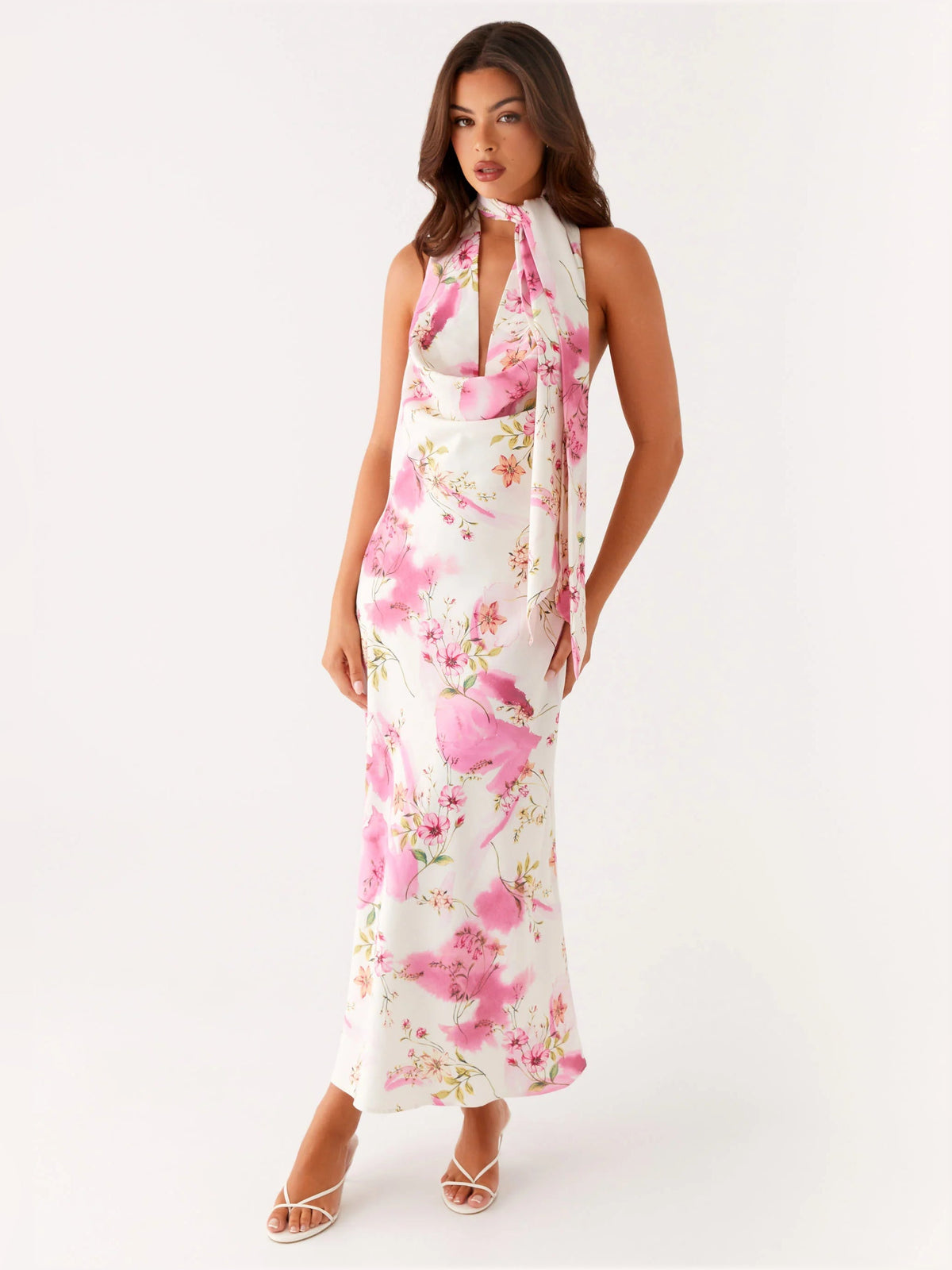 Ivory floral midi formal dress with halter neck scarf, sleeveless, mid-calf hem