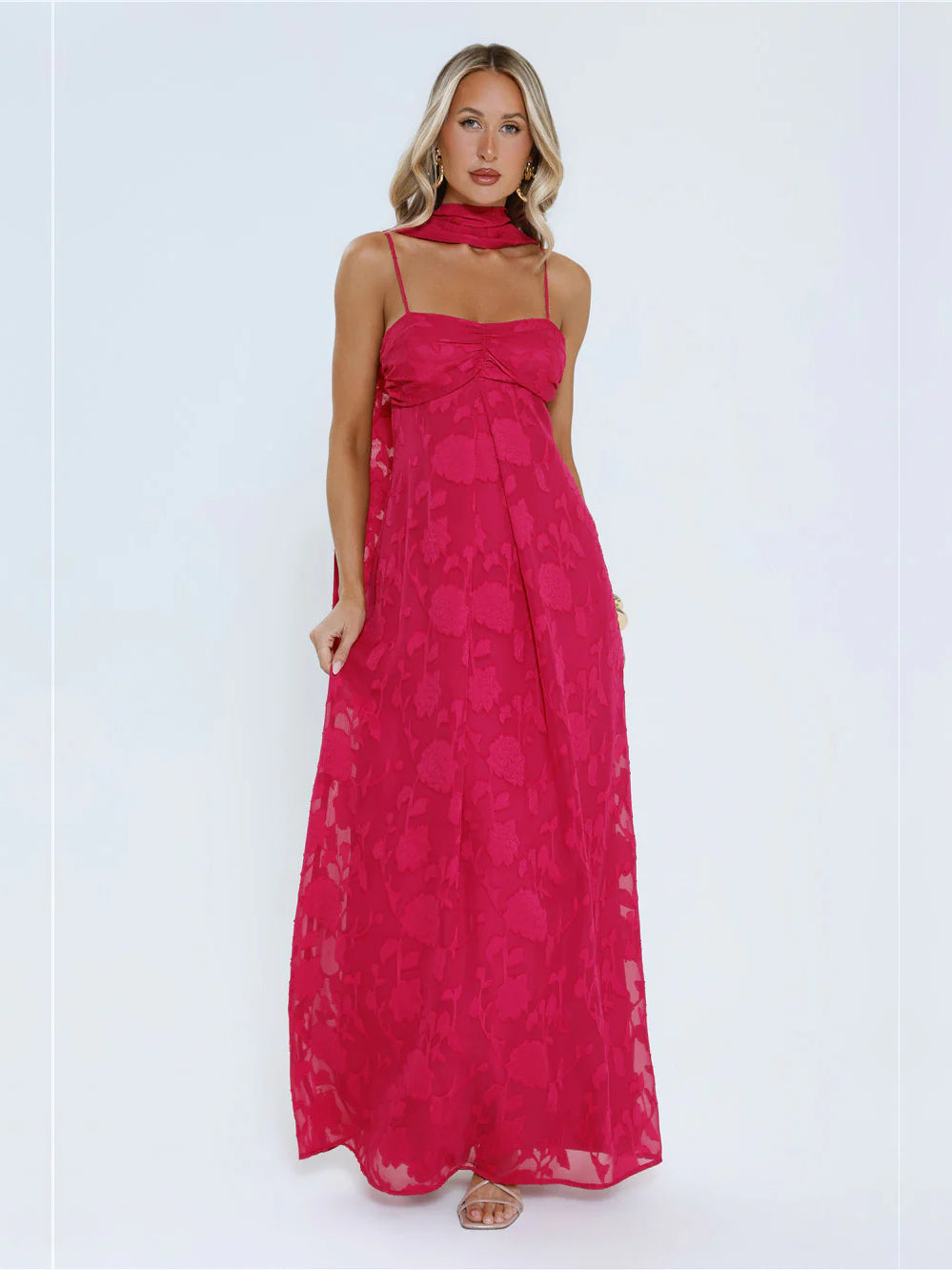 Pink a-line maxi formal dress with strapless neckline, alternate view showing the skirt