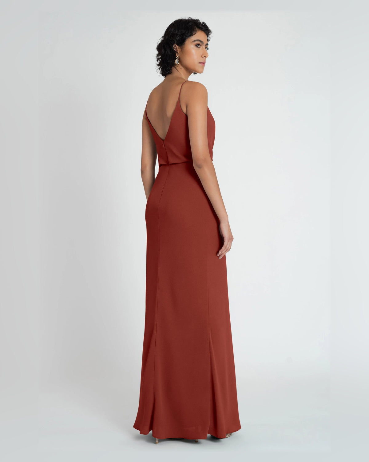 Rust draped cowl-neck A-line formal dress, floor-length, open back