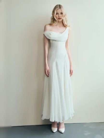 Ivory chiffon maxi dress with off-shoulder cowl neckline and pleated A-line skirt