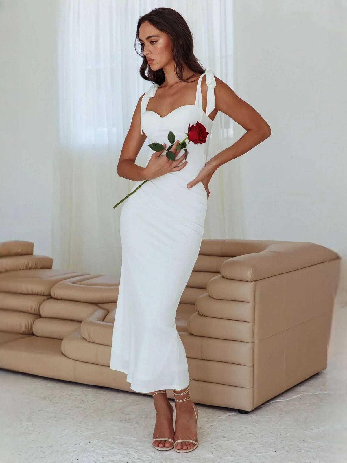 White sweetheart sheath midi wedding dress with draped bust and bow-tie shoulder straps