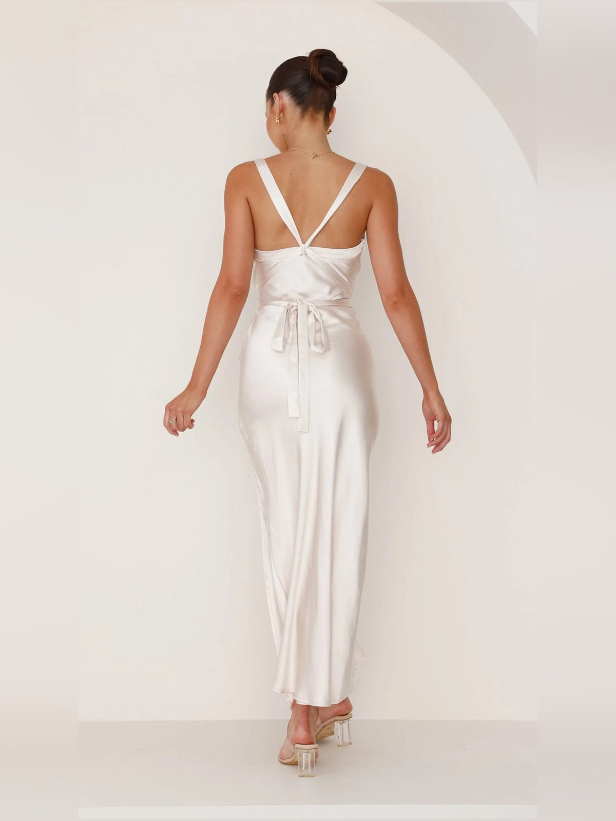 Champagne sheath maxi formal dress with skirt slit, alternate view showing the skirt