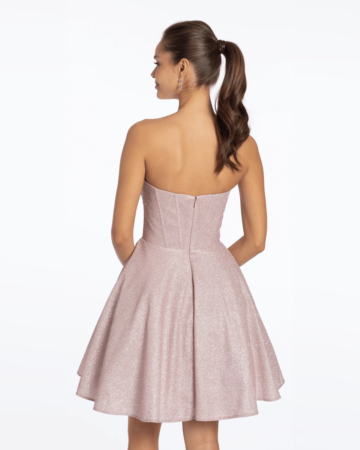 Rose strapless fit-and-flare dress, back view with fitted corset and flare skirt