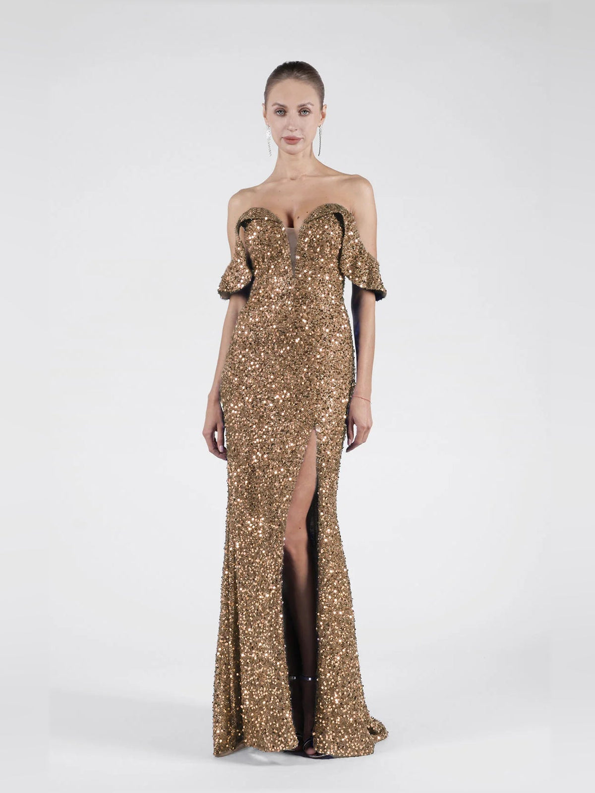 Gold sequin off-shoulder mermaid formal dress with high slit and short sleeves