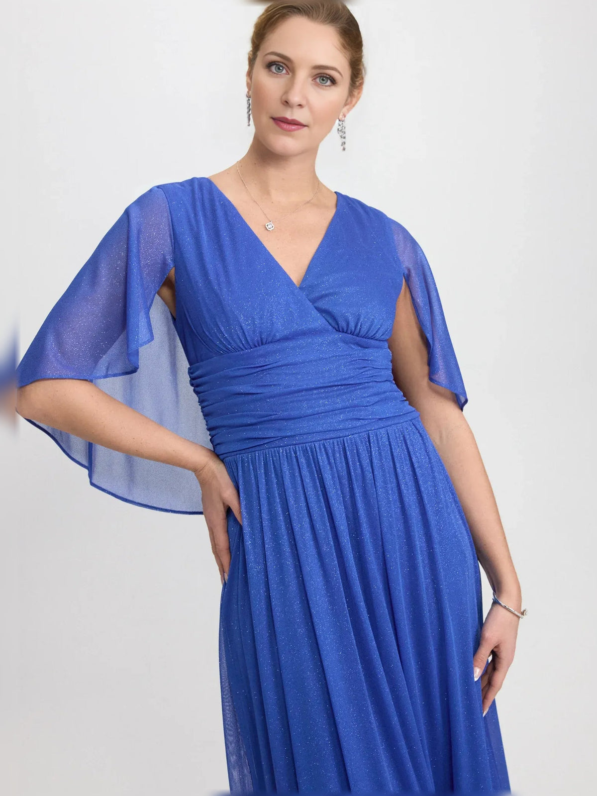 Blue chiffon V-neck A-line dress with ruched waist and draped flutter sleeves
