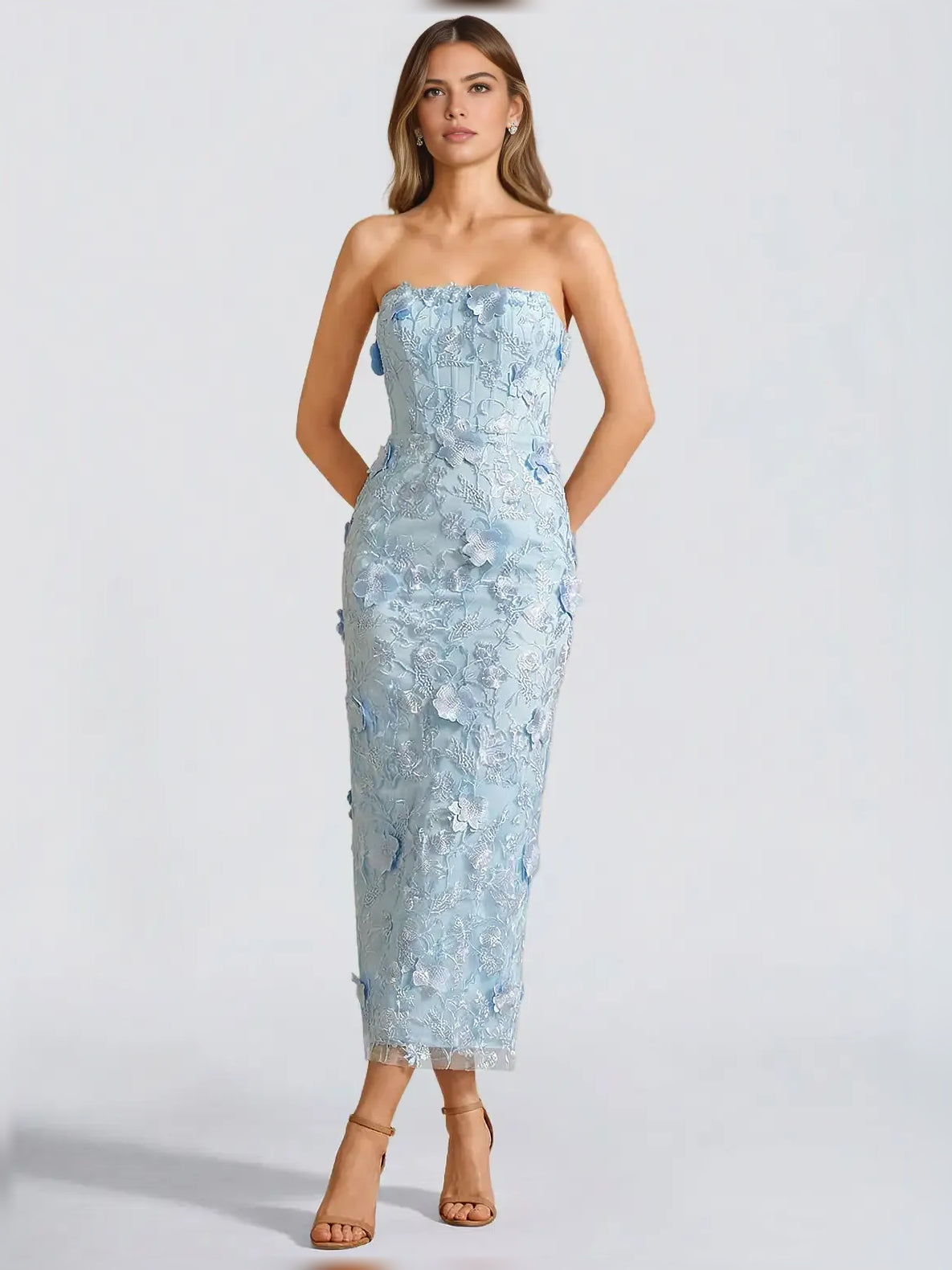 Sky blue floral strapless corset midi formal dress, front view