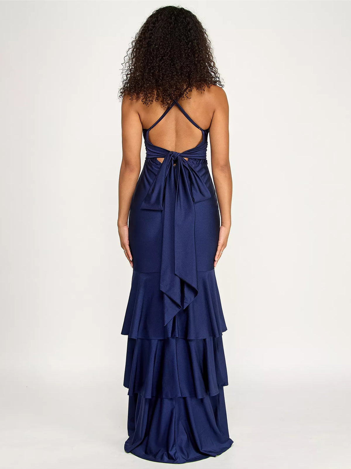 Navy satin corset A-line dress, racerback with bow detail at back and tiered ruffle skirt