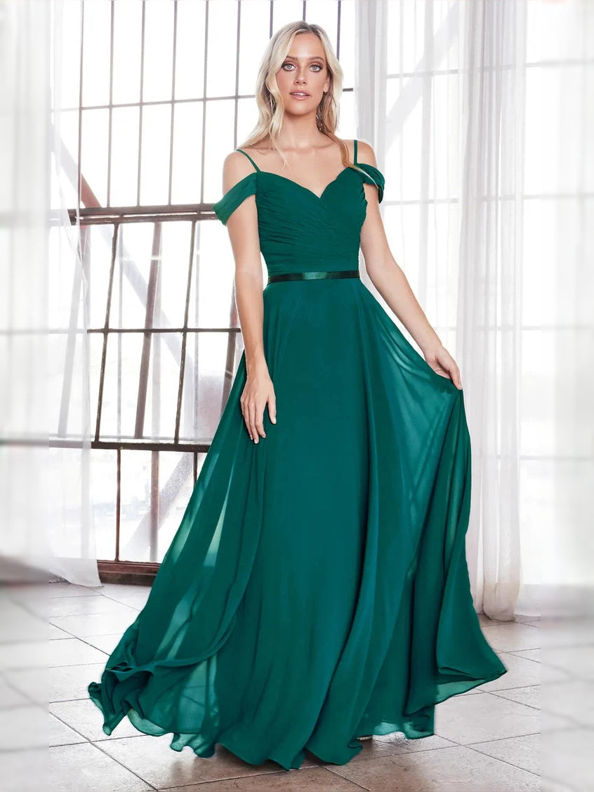 Dark green ruched sweetheart A-line chiffon bridesmaid dress, off-shoulder straps, floor length
