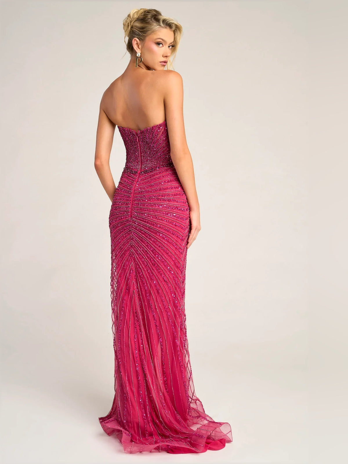 Hot pink beaded sweetheart formal dress with sparkle bodice and long train