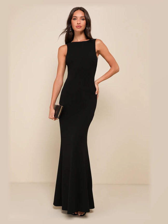 Black maxi formal dress, alternate full-length view showing the hem