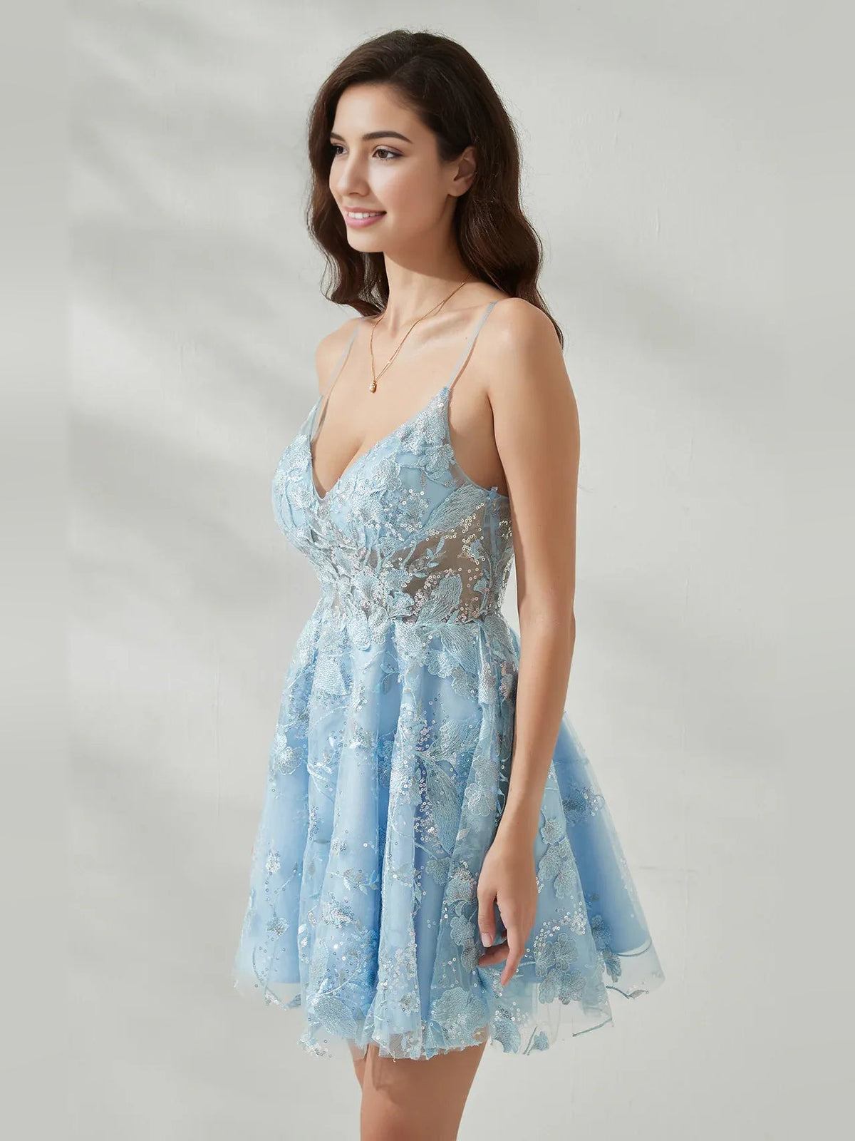 Sky blue floral lace corset mini dress with V-neck spaghetti straps and tiered tulle skirt
