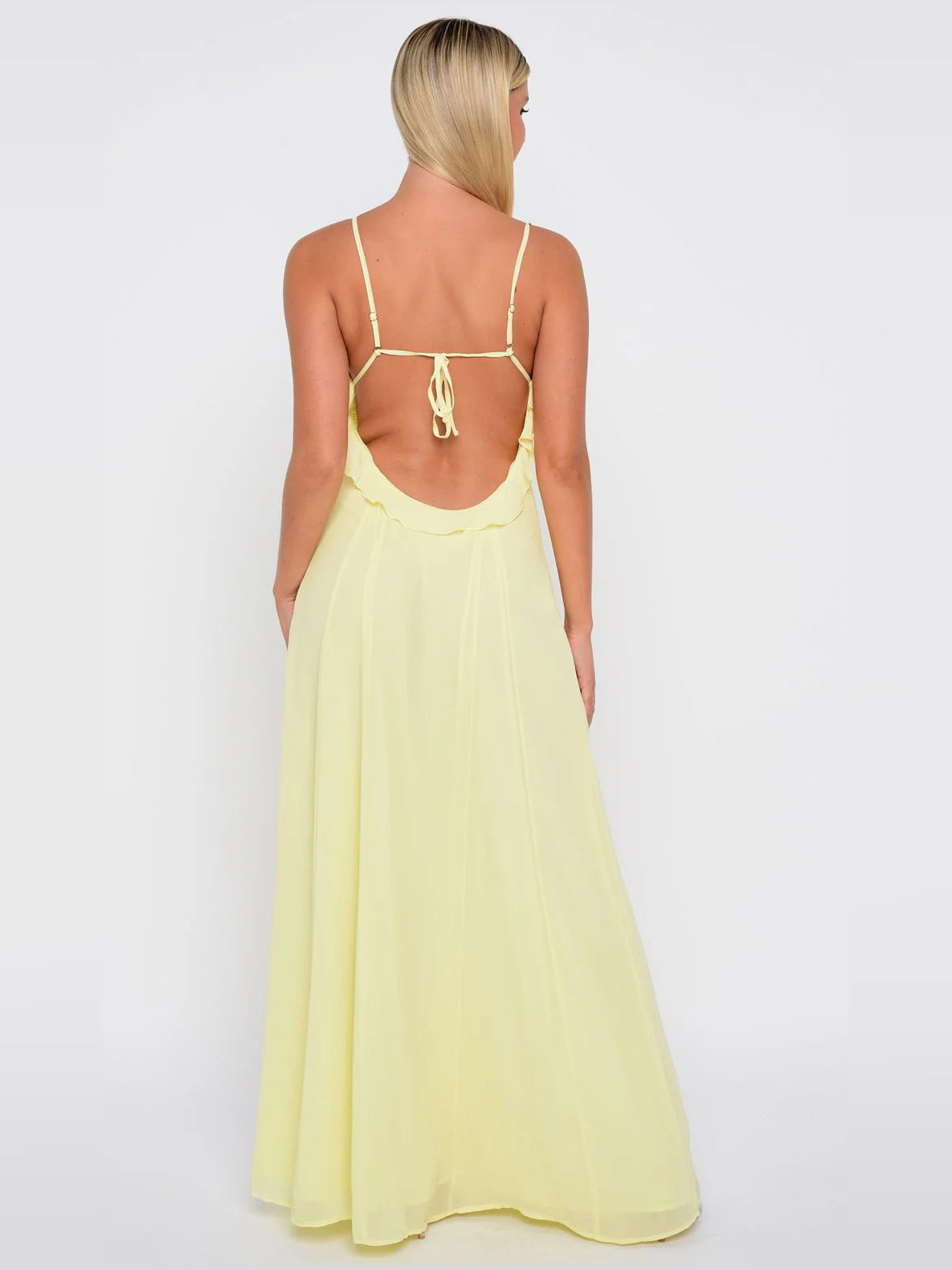 Pale Yellow a-line maxi formal dress with ruching, alternate full-length view showing the skirt
