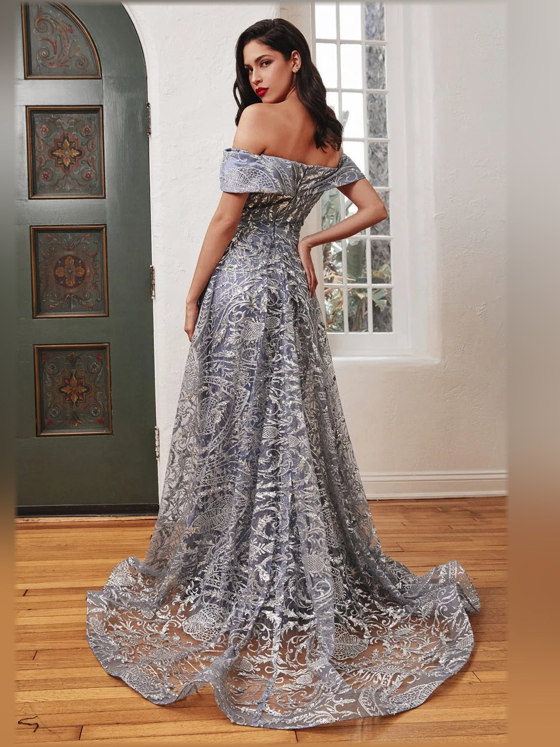 Silver-gray off-shoulder mermaid formal dress, short sleeves, floor-length