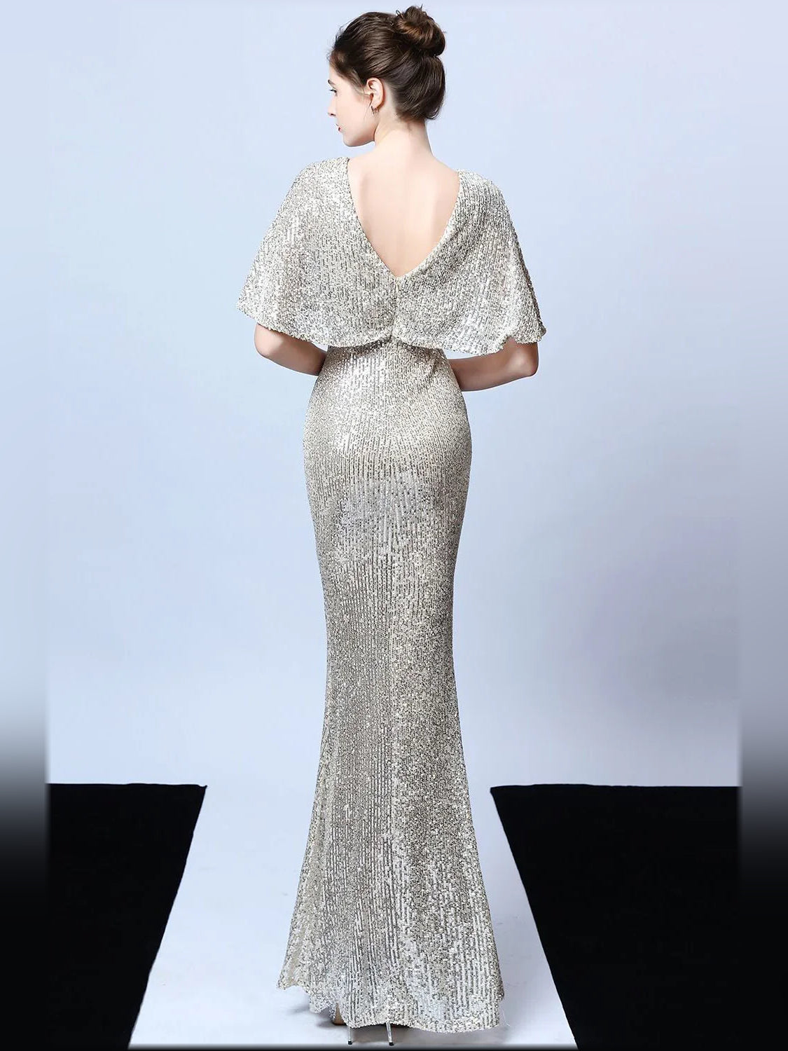 Champagne sequin mermaid formal dress with V-back and short cape sleeves