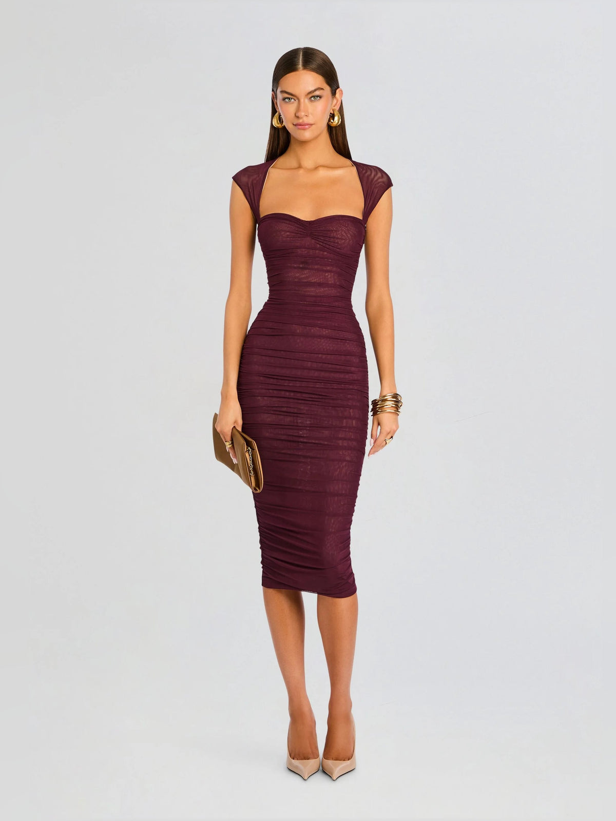 Dark purple ruched mesh midi formal dress, sleeveless square neckline, fitted pencil