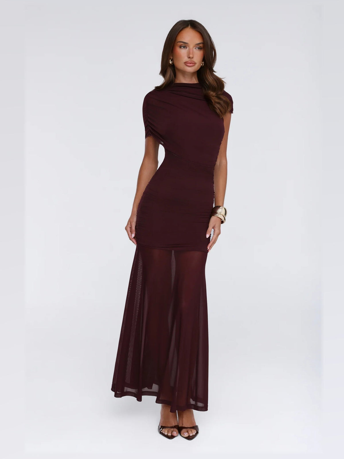Burgundy maxi formal dress, alternate full-length view showing the hem