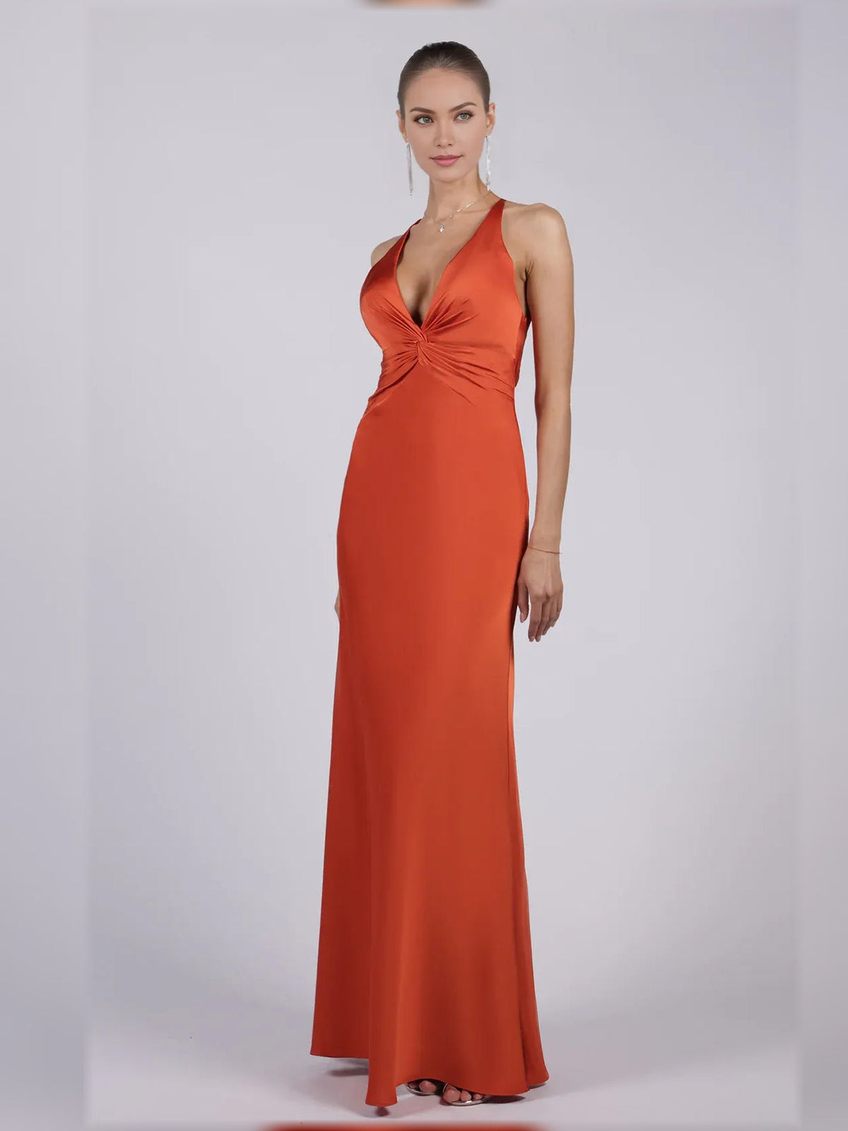 Burnt orange halter neck satin sheath formal dress, sleeveless, floor-length
