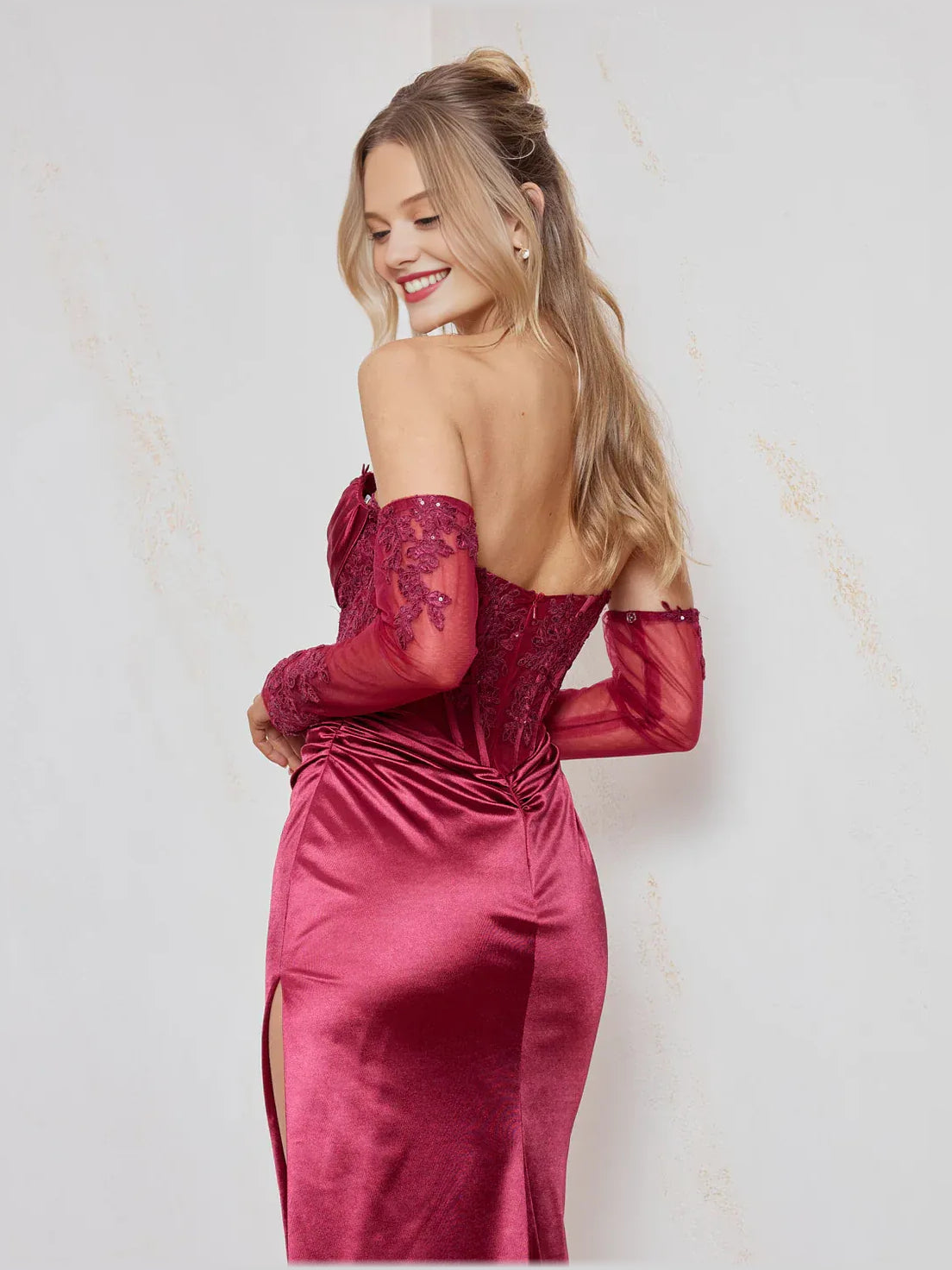 Cherry satin sweetheart formal dress with embroidered off-shoulder sleeves and side slit