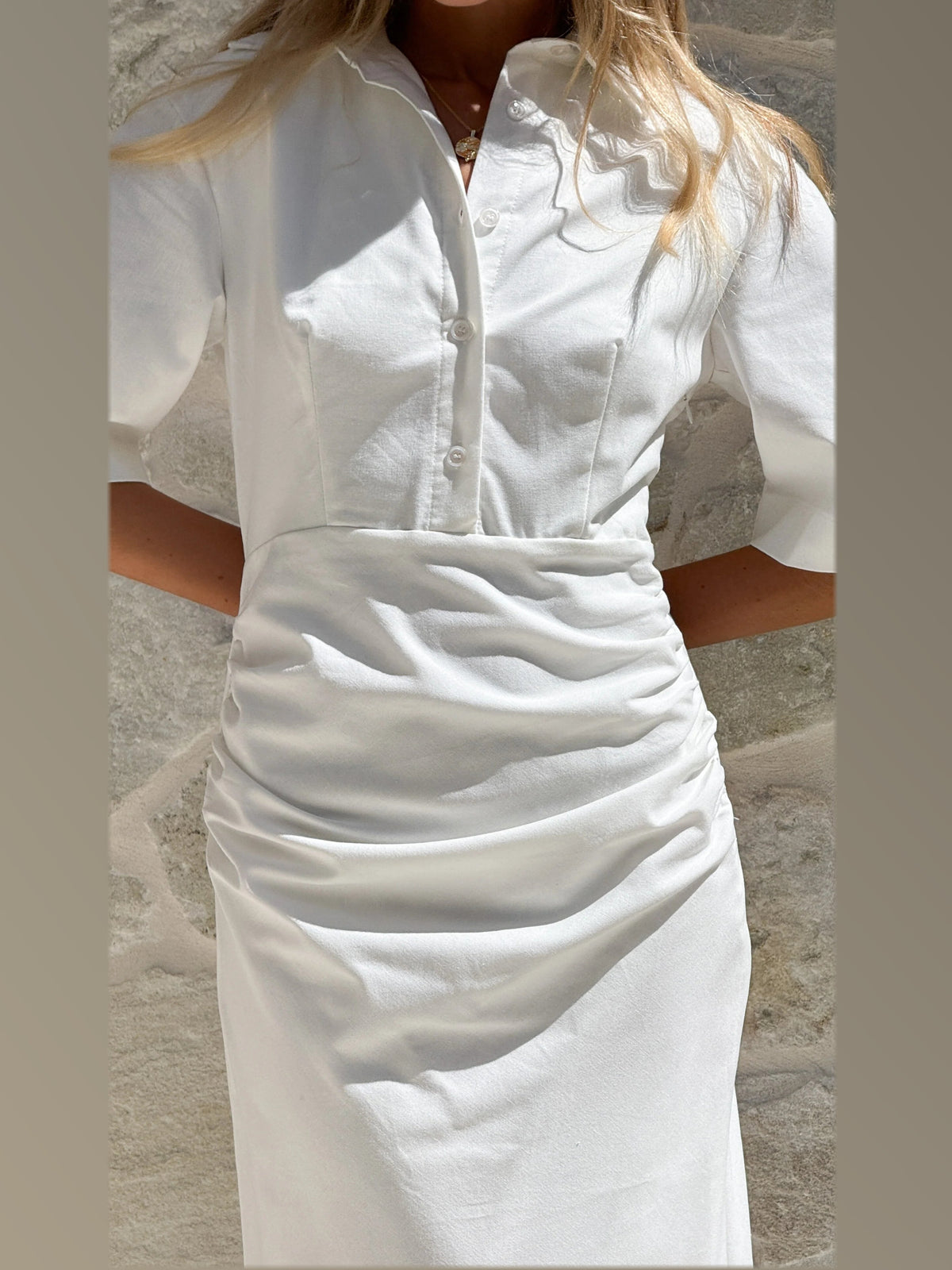 White midi formal dress, alternate full-length view showing the hem
