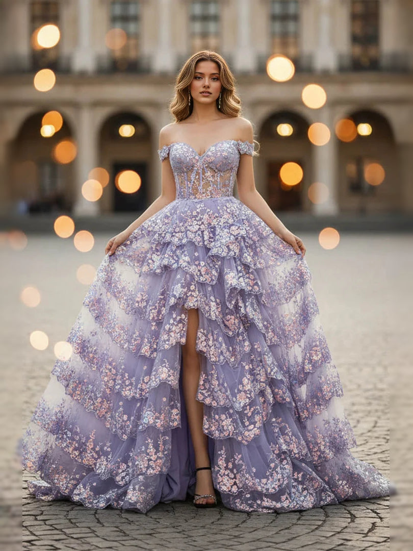 Lilac floral off-shoulder corset prom dress with tiered ruffles and long A-line skirt