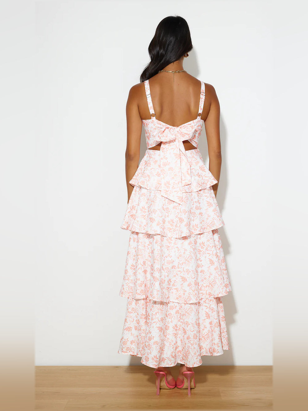 Orange a-line maxi formal dress with tiered skirt, alternate full-length view showing the skirt