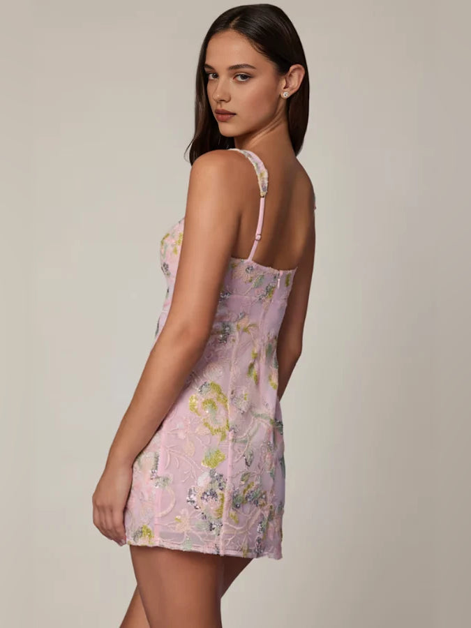 Pink sequin mini dress with spaghetti-strap open back