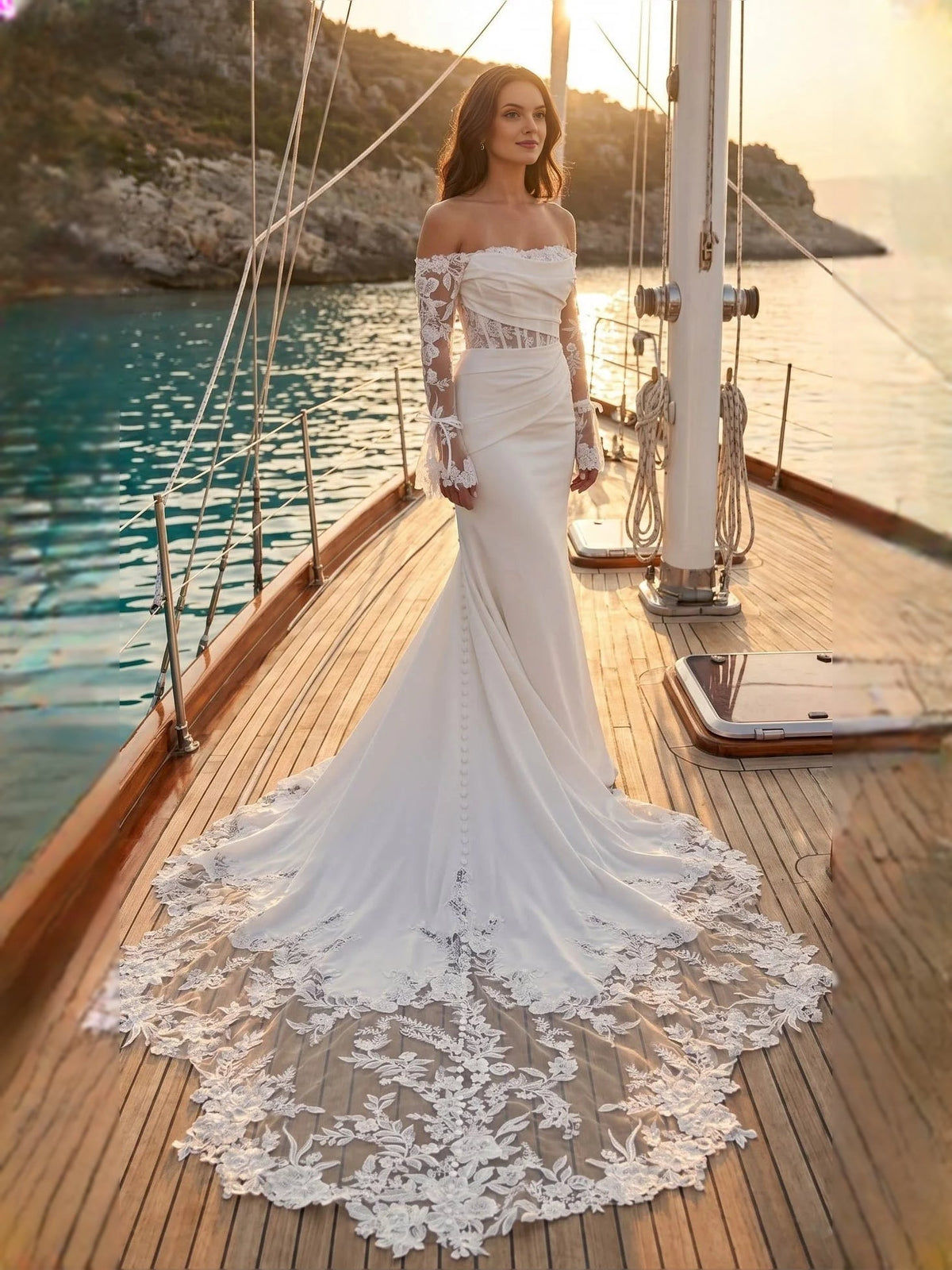 Ivory off-shoulder mermaid wedding dress with floral lace train on boat