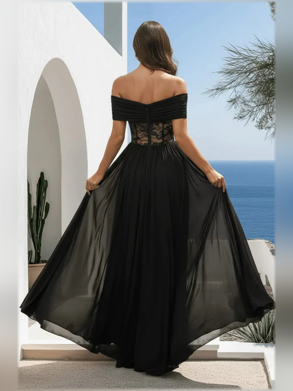 Black off-the-shoulder A-line formal dress with lace bodice, back view