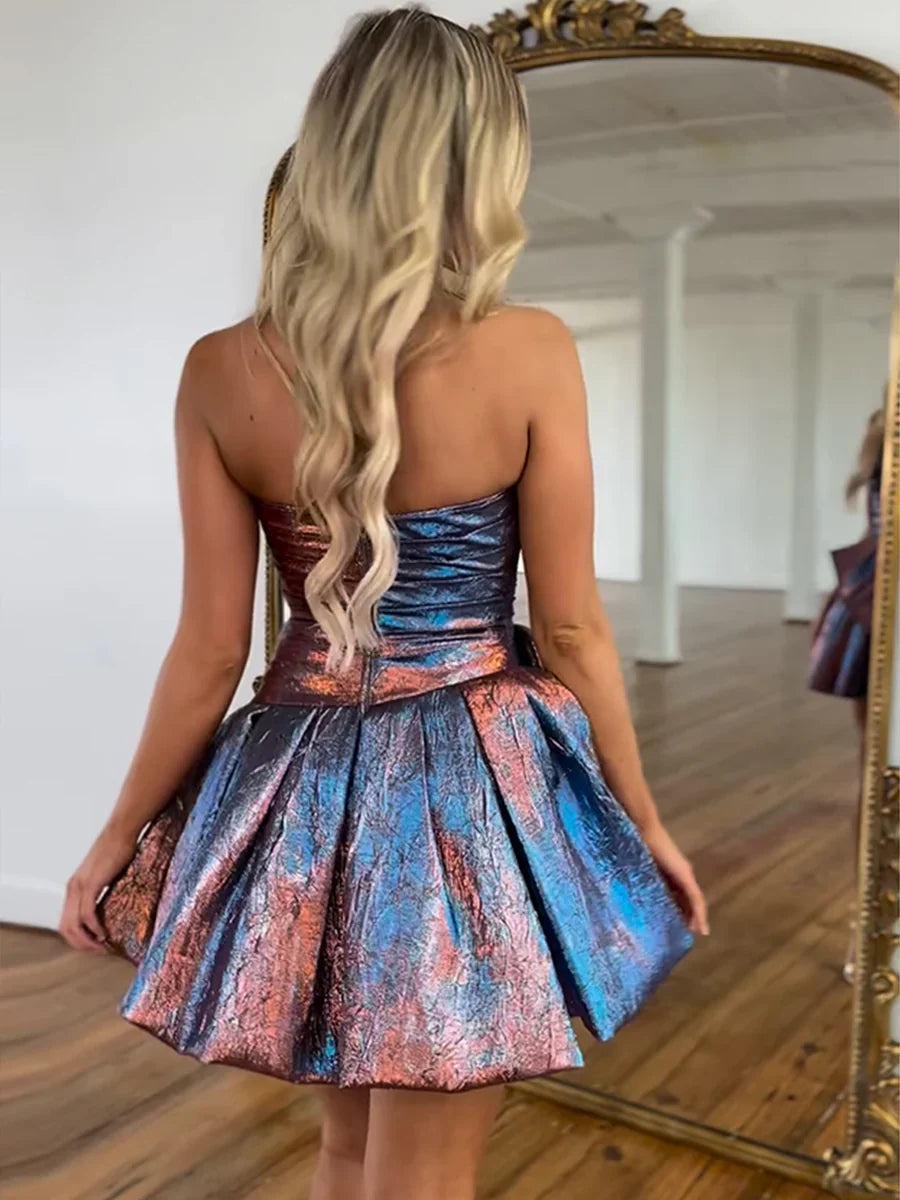 Blue and copper-toned strapless ruched mini A-line dress with layered flare skirt