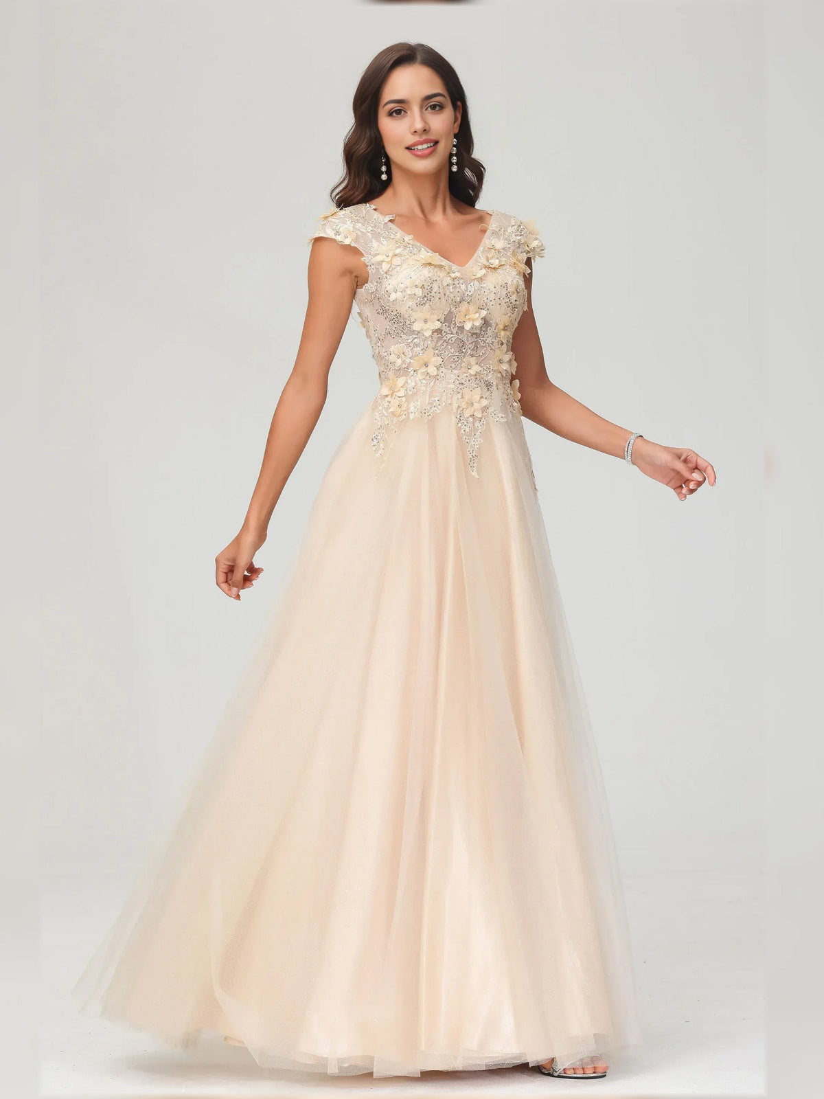 Champagne floral appliqué V-neck floor-length formal dress with cap sleeves