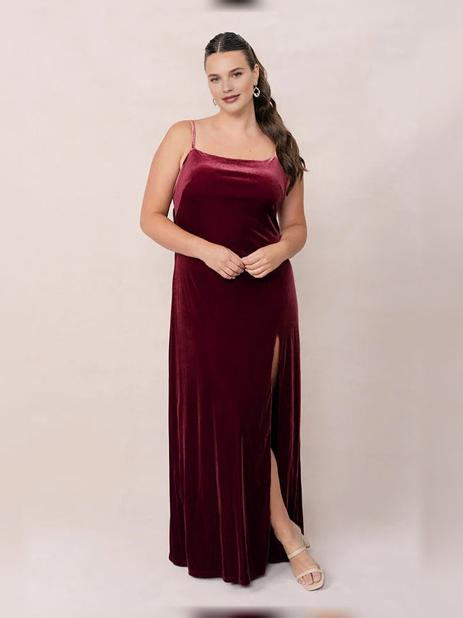 Burgundy velvet bridesmaid dress with sleeveless scoop neck and front slit