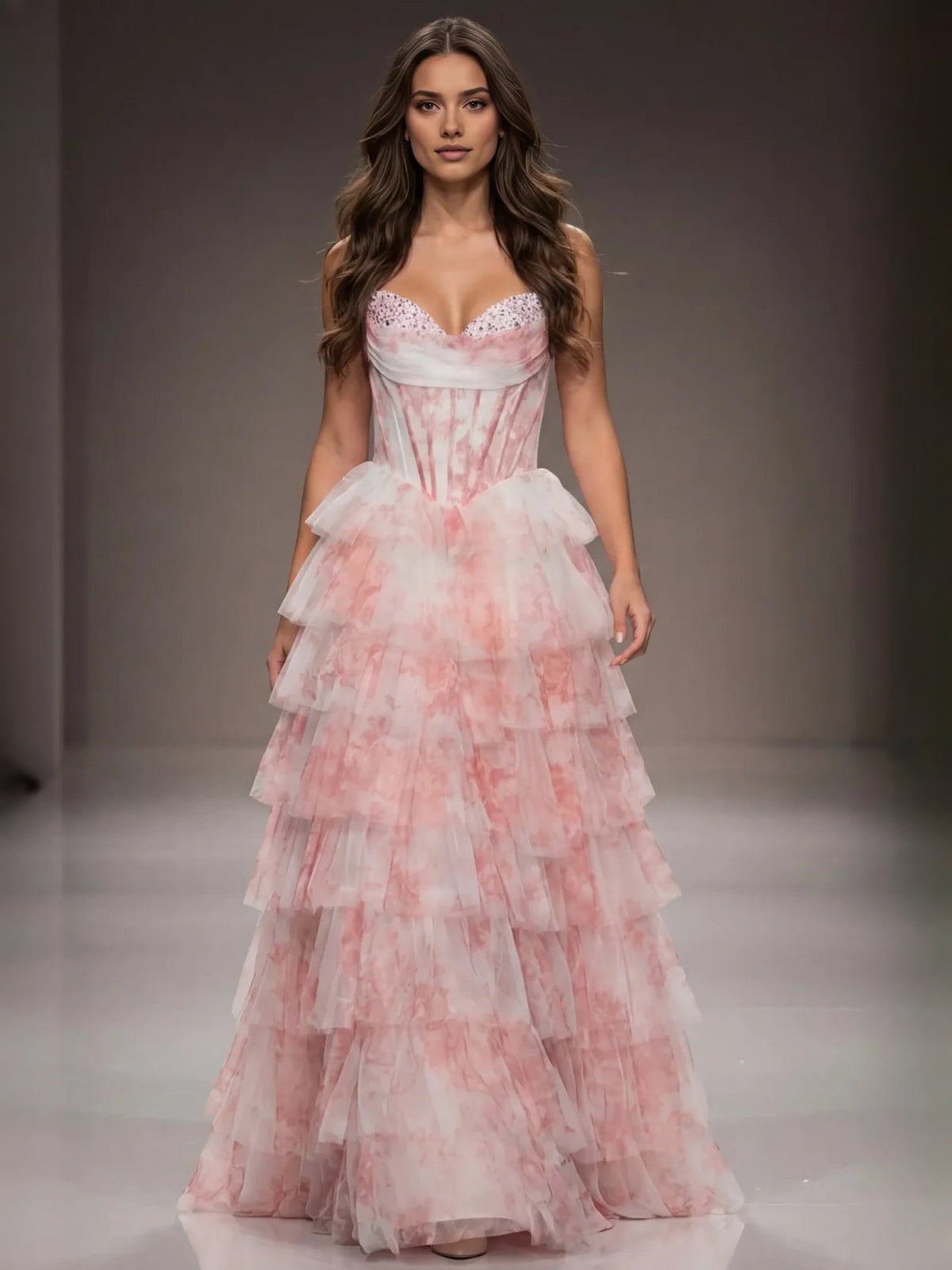 Blush pink sweetheart corset A-line tulle prom dress with tiered ruffles, floor length