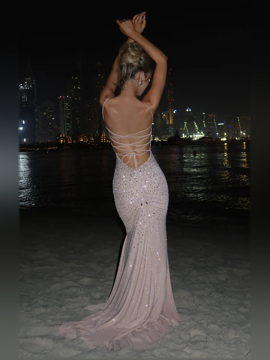 Pearl pink sequin mermaid dress with lace-up back and spaghetti straps, long hem
