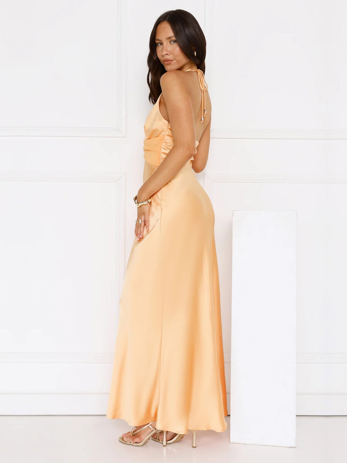 Orange sheath maxi formal dress with skirt slit, alternate view showing the skirt