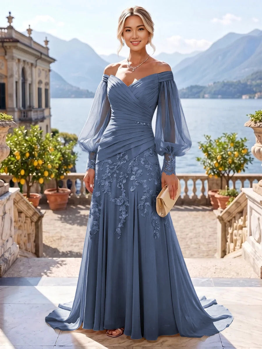 Dusty blue ruched V-neck mermaid dress with sheer off-shoulder sleeves and floral lace