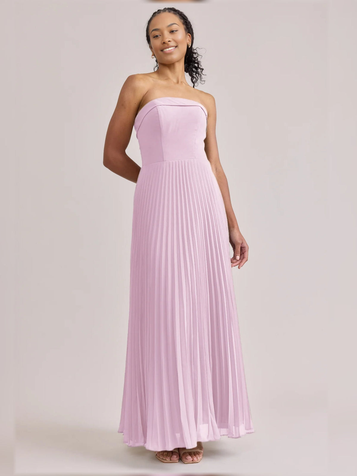 Pink strapless A-line maxi chiffon dress with pleated skirt and sweetheart neckline